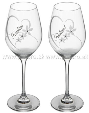 Svadobné poháre WINE 360 ml, dekor srdcia s kvetmi (2 ks) s menami nevesty a ženícha 