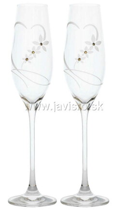 Svadobné poháre šampus 210 ml, dekor srdcia s kvetmi (2 ks)